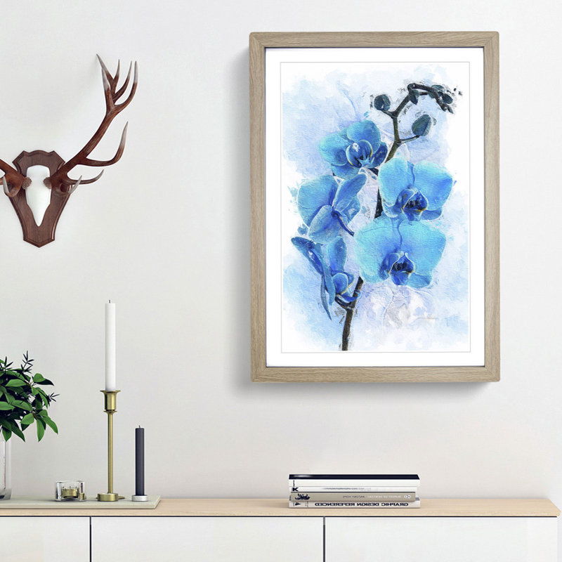 Beautiful Blue Orchids in Abstract - Picture Frame Painting Print on MDF, 87cm H x 62cm W x 2cm D, Oak Framed