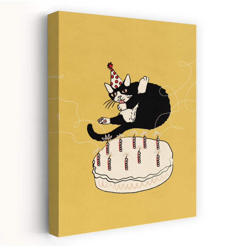Fête d'anniversaire de chat, impression d'art mural fantaisiste de chat contemporain, H 36 po x l 24 po
