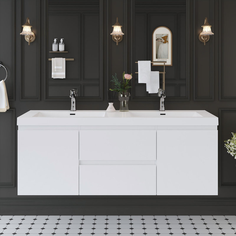 60" Floating Bathroom Vanity Modern Wall-Mounted Double Vanity with Integrated Resin Top and 2 Basins,  2 Cabinets, 2 Soft Close Drawers, Full Assembly