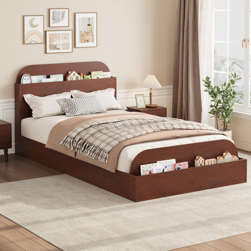 Structure de lit simple avec tête de lit, pied de lit surélevé et plateforme basse pour enfants, Noyer