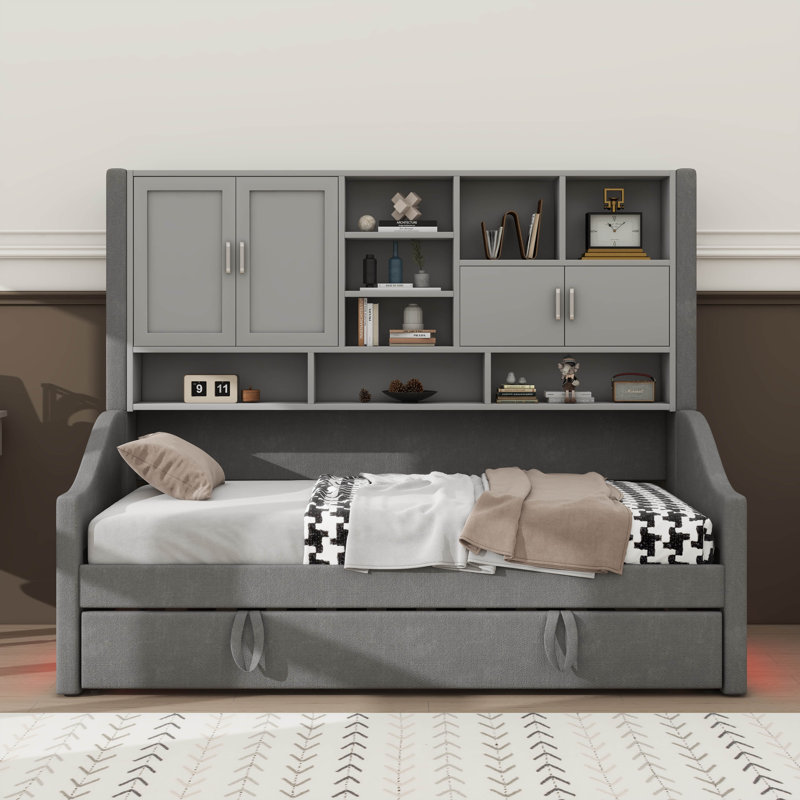 Twin Size Upholstered Daybed Featuring LED Armrest Lights, Built-In Storage Shelves & Cabinets, Gray