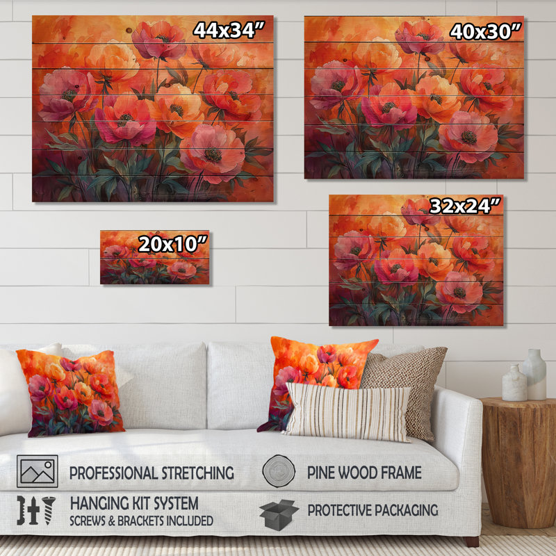 Radiance au coucher du soleil, pivoines, fleurs II - art mural en bois pivoines - sur bois de pin naturel