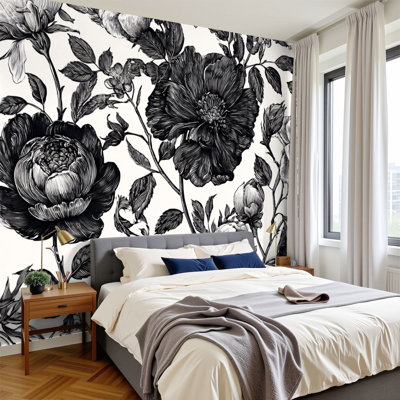 Peel and Stick Wallpaper 96" W x 69" H Modern Self Adhesive Wall Mural for Bedroom Vintage Flowers Floral Black White Garden Painting