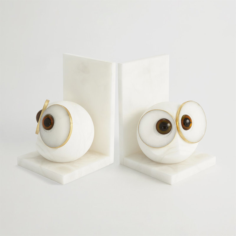 Pair Alabaster Big Eyed Owl Bookends-Lg