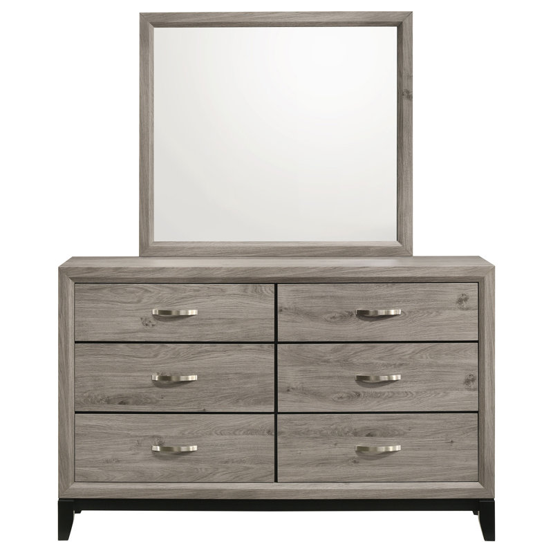Commode de chambre à coucher 6 tiroirs et miroir taupe clair Watson