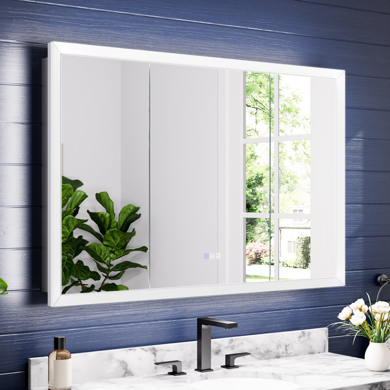 Armoire à pharmacie murale et encastrée à DEL pour la salle de bain, anti-buée, à intensité variable, station de charge intégrée, miroir grossissant 3X