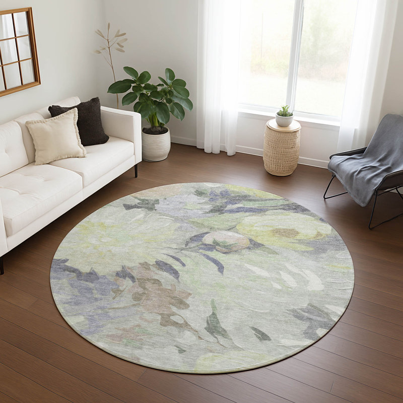 Machine Washable Indoor/Outdoor Huseby ACN2264 Floral Rug, Round 8'