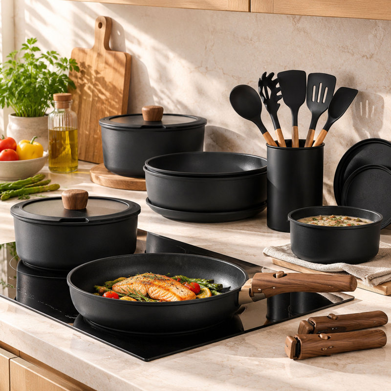 21-Piece Nonstick Cookware Set with Detachable Handles, Black, Induction Compatible