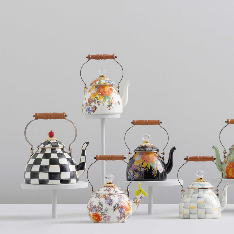 Flower Market 2 Quart Tea Kettle, White/Brown/Orange/Yellow
