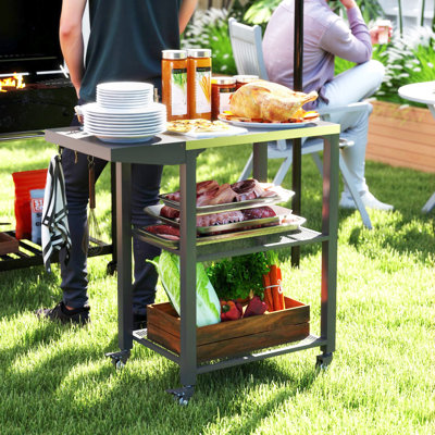 Three-Shelf Outdoor Grill Cart Table With Foldable Side Table, Stainless Steel Tabletop, 22" X 16.1" Pizza Oven Stand With Hooks, Side Handle, Movable Food Prep Table On Wheels, Silver