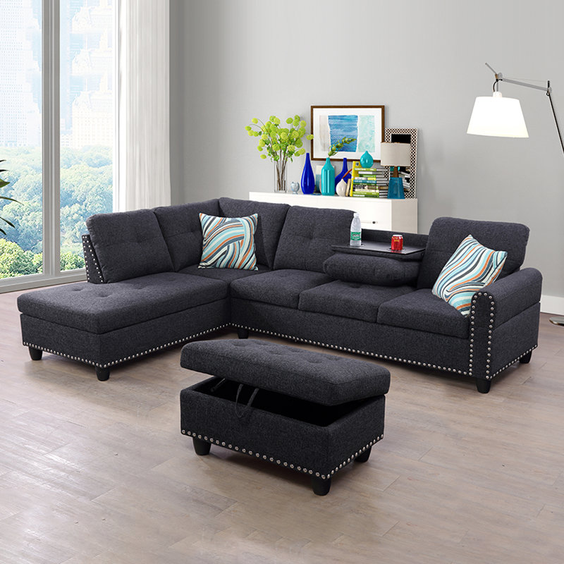 Canapé modulaire d'angle en lin avec repose-pieds de 97,2 po Sciortino, Orienté à gauche (vu de face), Tissu gris pâle