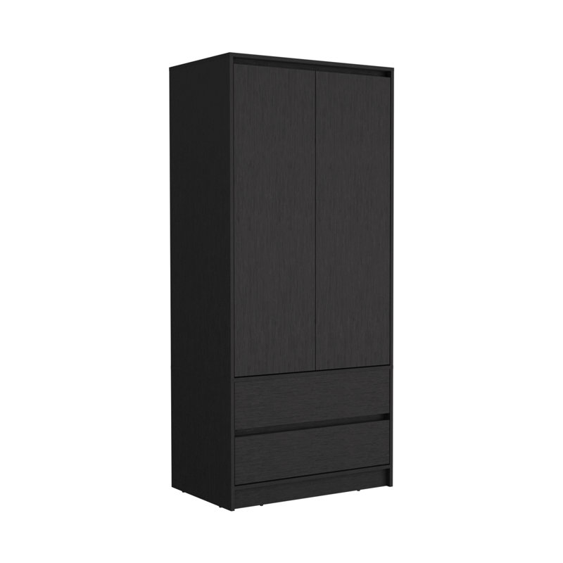 Armoire 2 tiroirs, porte double, tringle, Noir