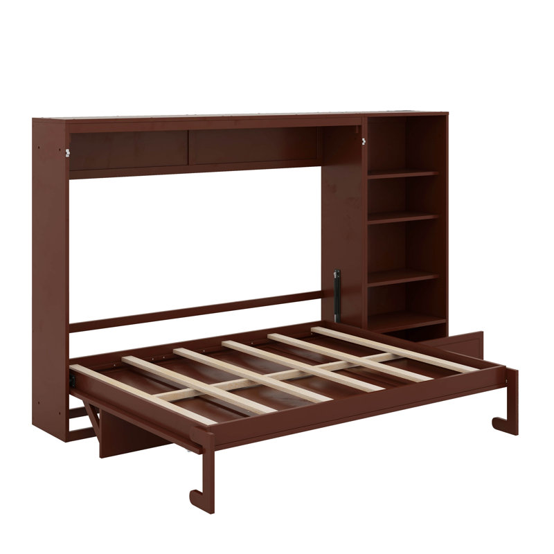 Grand lit escamotable avec compartiments de rangement à hauteur réglable et tablette, Noyer