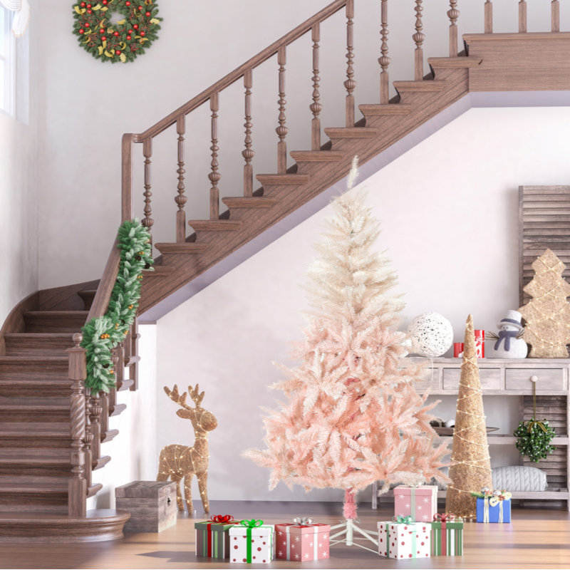 Arbre de Noël artificiel épinette non éclairé 7 pi avec branches réalistes et 1000 pointes, rose