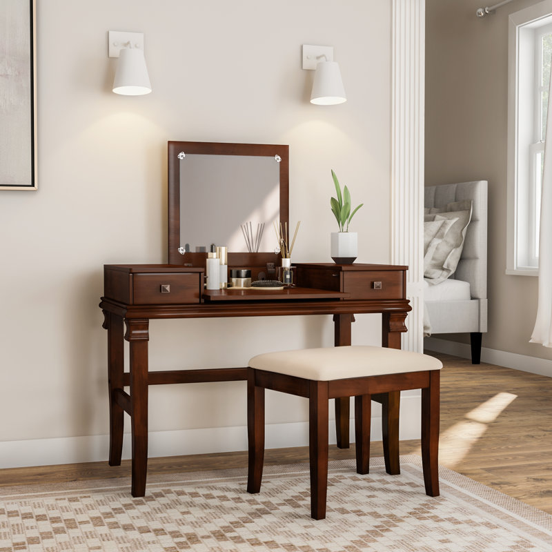 Ensemble de coiffeuse avec tabouret et miroir Godines, Noyer