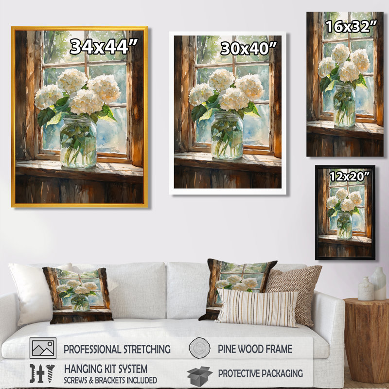 Ched Hydrangeas By The Window - Hydrangea, art mural sur toile, Reproduction avec cadre flottant, H 20 po x l 12 po, Doré