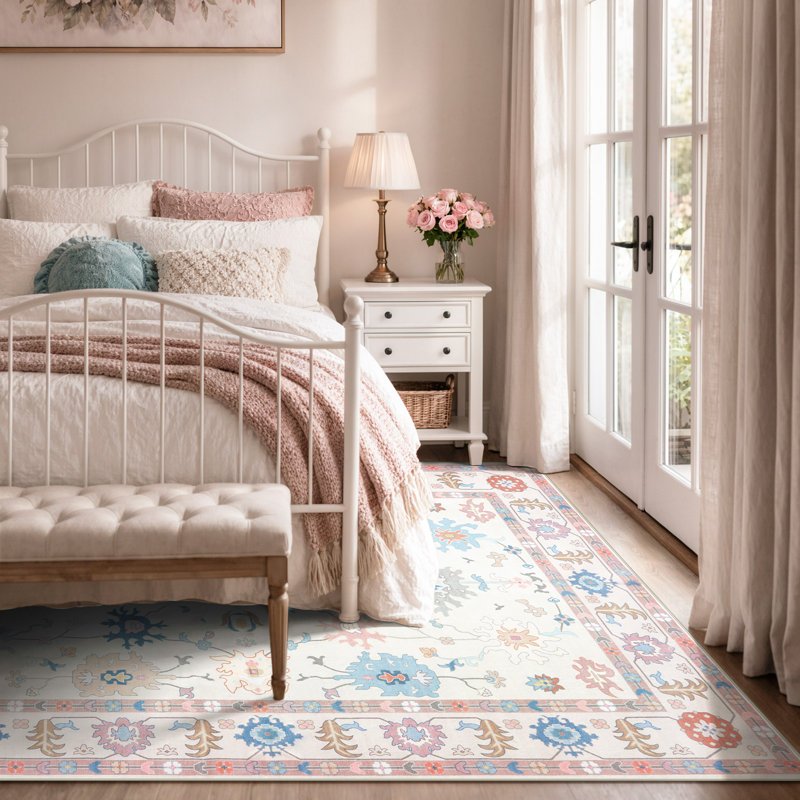 Kaldi Washable Oushak Runner, Non Slip Area Rug for Bedroom, Floral Boho Runners Vintage Mat, Rectangle 8' x 10'