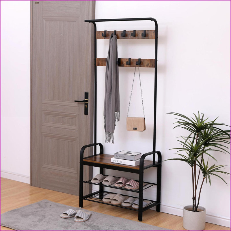 Portemanteaux pour vestibule, portemanteau 4 en 1 avec banc à chaussures, 9 crochets et amp; Tige suspendue, brun rustique | 15 po x 28 po x 71 po | Brun | Bois aggloméré + métal