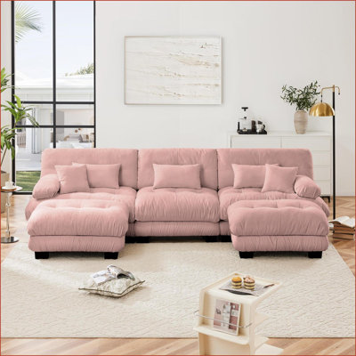Canapé modulaire surdimensionné en U avec 2 repose-pieds pour salon | Rose | Chenille