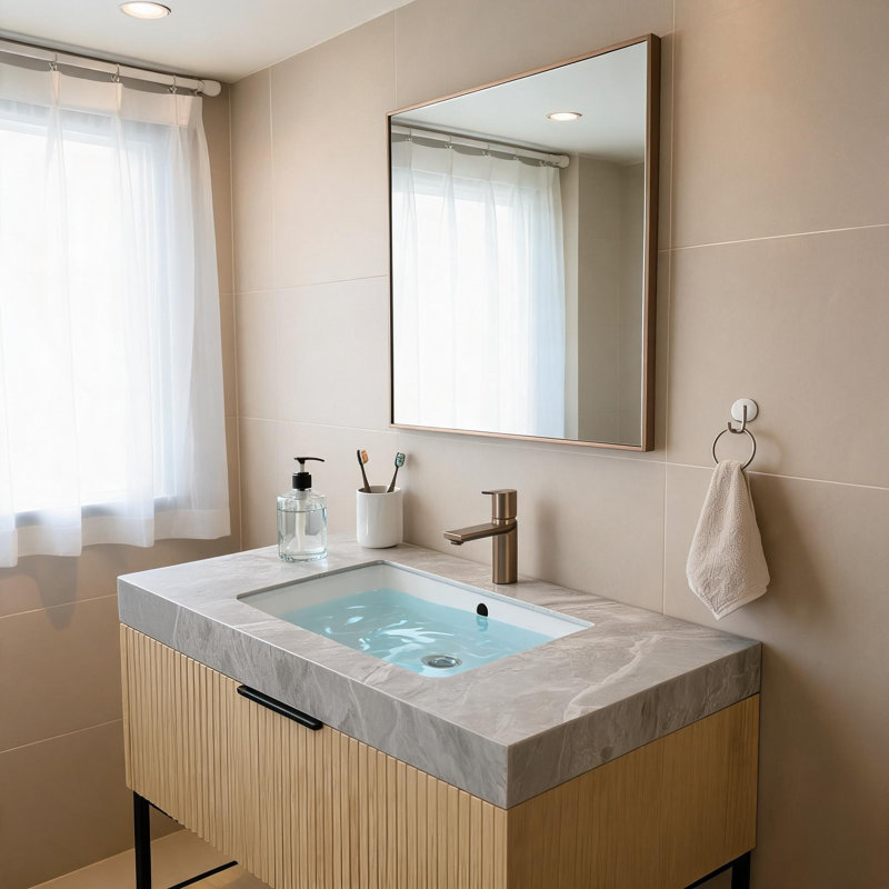 Lavabo encastré de 91 cm (36 po) en céramique gris pâle et pierre frittée, avec trou pré-percé pour robinetterie et trop-plein.