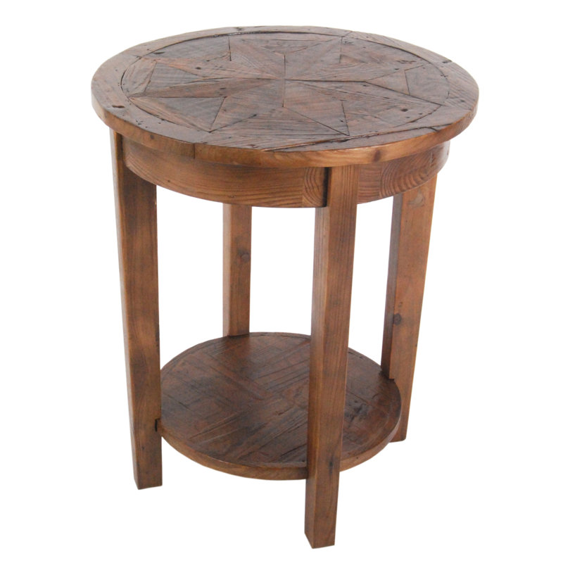 Inola Wide Rustic Industrial Antique Wooden Round End Table With 1 Open Shelf
