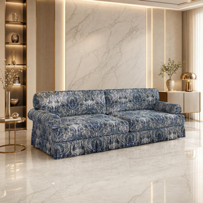Oxford Fabric Sofa with Rolled Arms and Pleated Skirt