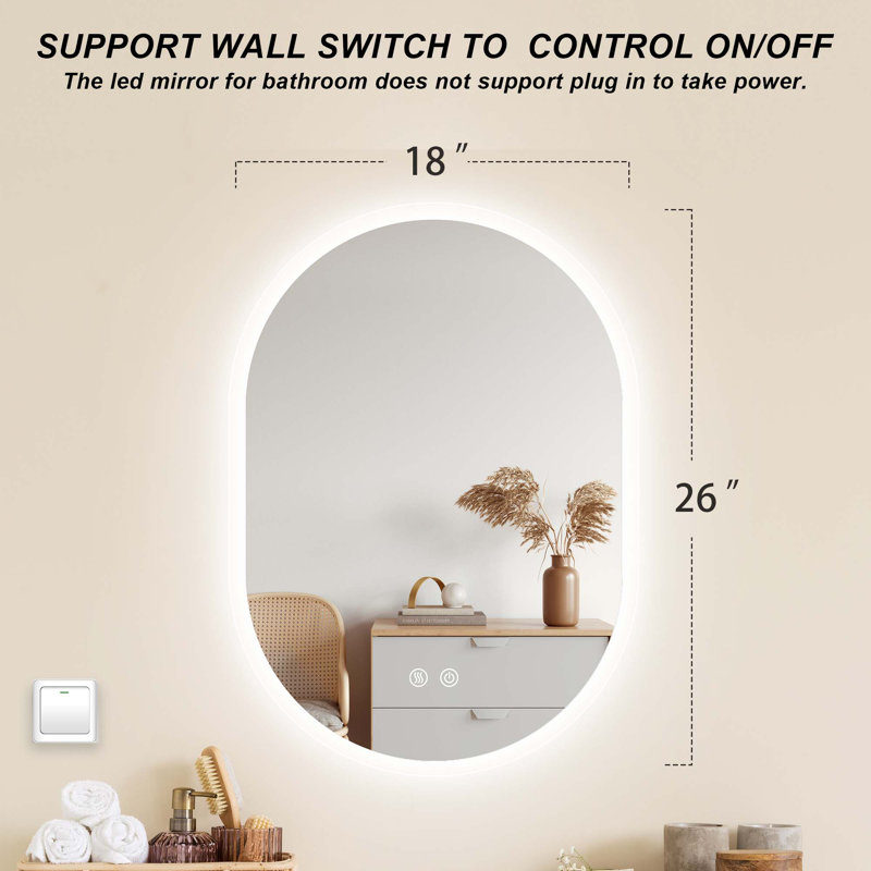 Miroir de salle de bain mural ovale à rétroéclairage à DEL avec anti-buée et à intensité variable Maléia, 26 po x 18 po