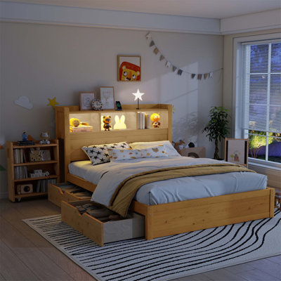 Lit plateforme avec tête de lit intégrée, armoire coulissante, tiroirs sous le lit et éclairage à DEL intégré pour les chambres à coucher modernes.