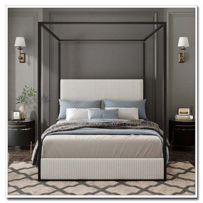 Metal Canopy Bed With Tall Corduroy Upholstered Headboard And Four Poster, No Box Spring Needed