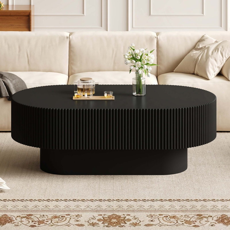 Table basse ovale élégante de style campagnard, 123 cm de large, plateau de 27 cm d'épaisseur, table d'appoint tambour moderne couleur crème, table centrale minimaliste cannelée avec base robuste pour salon, montage facile