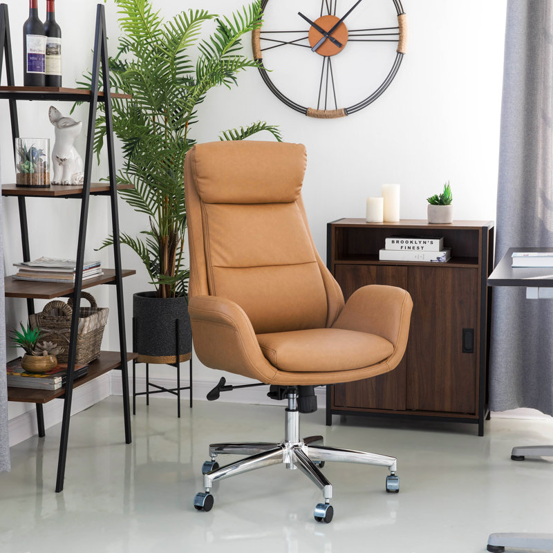 Corjan Mid-Century Modern Gas Lift Swivel Executive Chair or Office Chair with Headrest, Camel, Silver