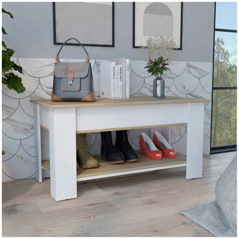 Austin Storage Table, One Extendable Table Shelf, Four Legs, Lower Shelf -Light Oak , White