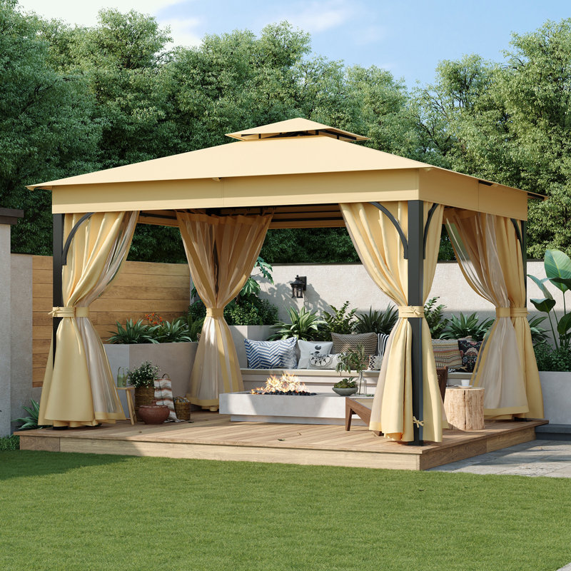 Outdoor Gazebo with Double Roofs and Privacy Screens, Beige, 108" H x 144" W x 120" D