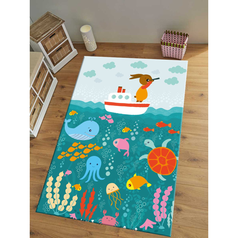 Tapis en polyester Pelayo bleu sarcelle / orange / blanc, Rectangle 3 pi 3 po x 4 pi 11 po