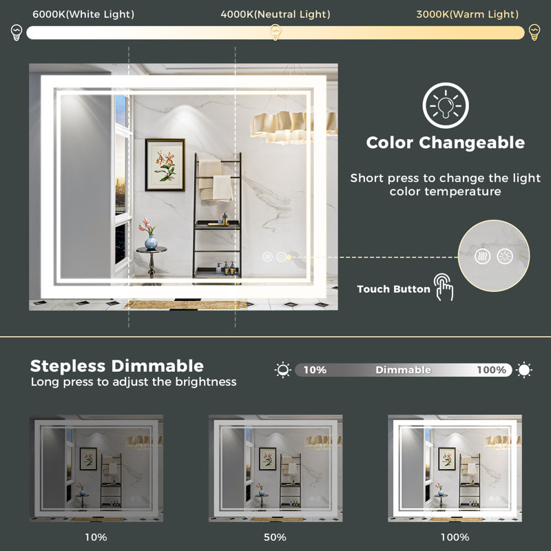 Jayce LED Vanity Mirror with Memory Function, 3 Color Temperatures & Dimmable Light, Anti-fog Tempered Glass ETL Listed Mirror