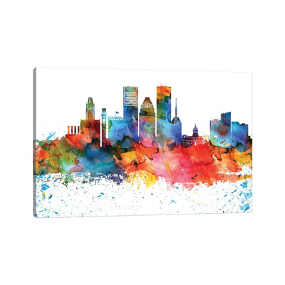 Baltimore Colourful Watercolour Skyline by WallDecorAddict - Wrapped Canvas Painting
