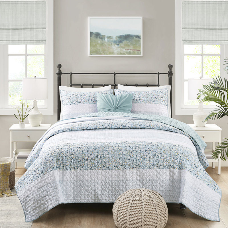 Ensemble de literie en seersucker 4 pièces pour très grand lit / très grand avec coussin - courtepointe Flair Three Botanical Designs