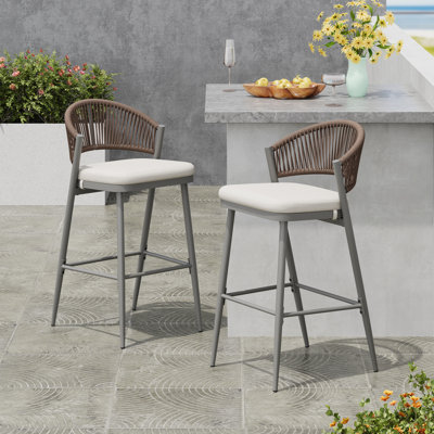 Outdoor 30.25" Seat Height Metal Frame Barstools With PE Rattan Scallop-Shaped Backrest, Set Of 2, Matte Grey