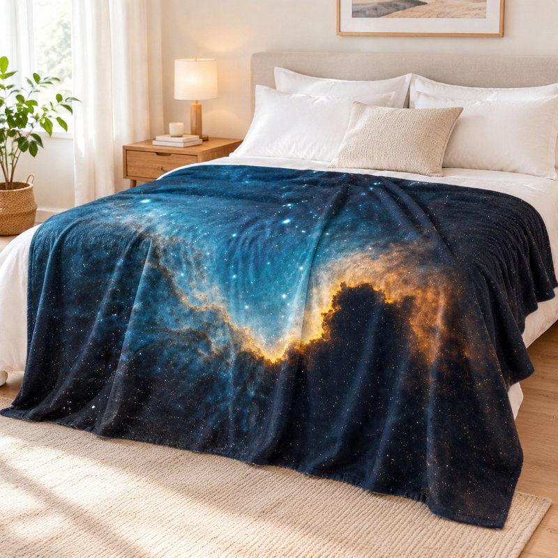 Nebula Flannel Blanket Galaxy Print Throw - Deep Blue & Gold Space Design, Ultra Soft, Cozy, Lightweight, All-Season Comfort, Breathable, Machine Washable, Decorative, for Sofa, Couch, Living Room, Bedroom