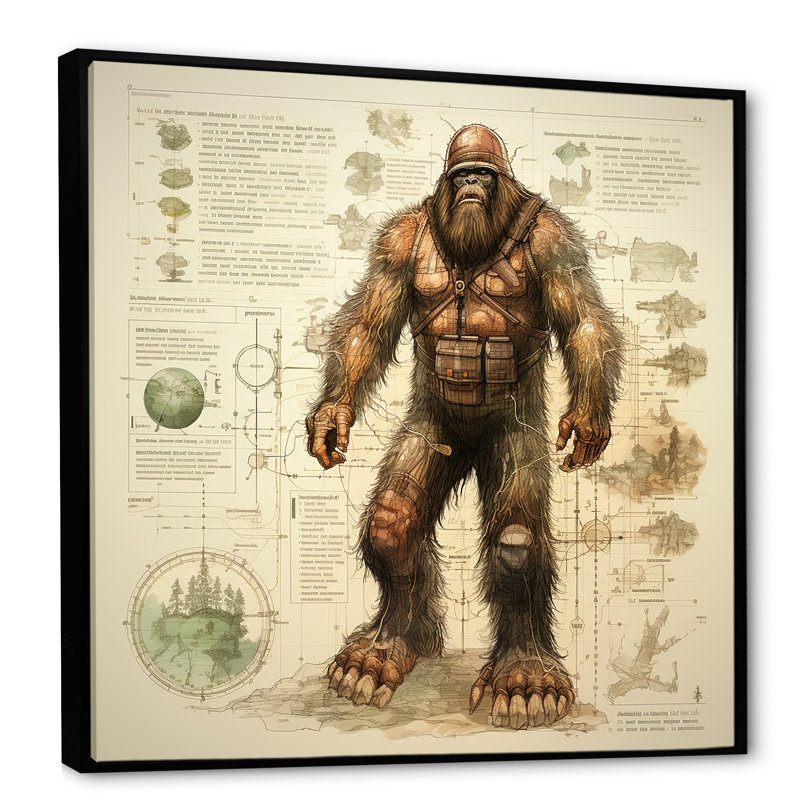Mystical Bigfoot Blueprint I - Art mural Bigfoot, Cadre flottant noir, H 16 po x l 16 po