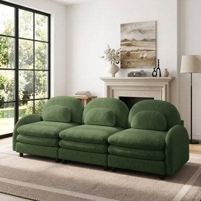 98.2" W Cloud-like Curved Modular 3-Seat Sofa with Lumbar Pillows and Teddy Fabric