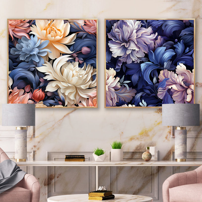 Cutrer - Ensemble de 2 collages carrés floraux, Cadre flottant doré, H 30 po x l 61 po