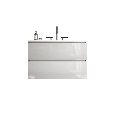 Meuble-lavabo moderne pour salle de bain blanc brillant - Fonction silencieuse et espace supplémentaire 24 po mural brillant avec évier en céramique et trois trous de tiroir