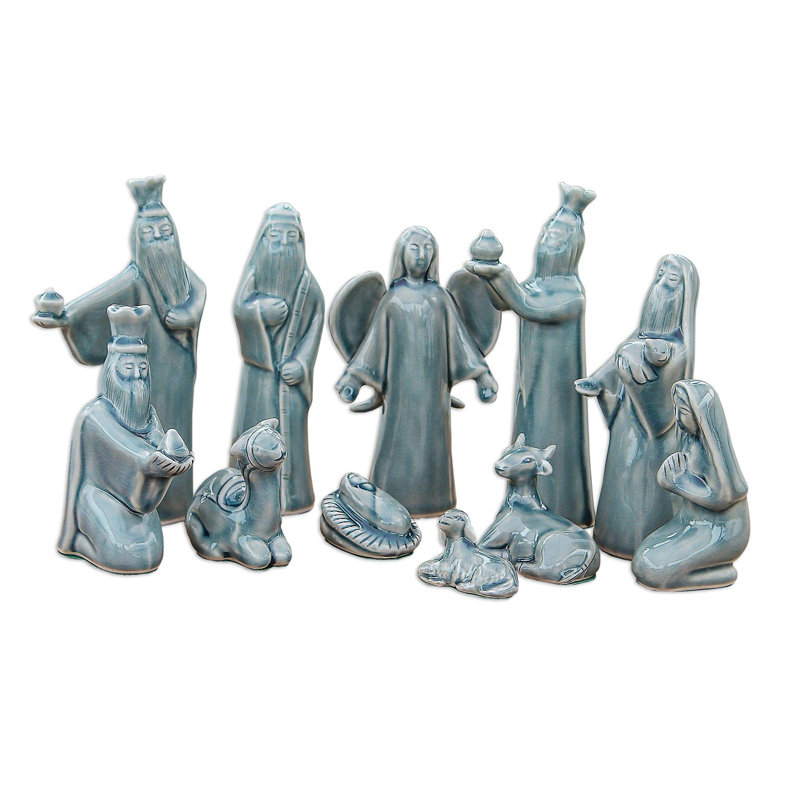 Ensemble de crèche en céramique de noël celadon 11 pièces
