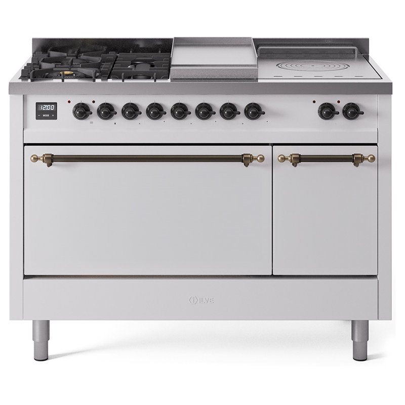 ILVE Nostalgie II 48 in Dual Fuel Range, 5 Burner, Griddle, Frenchtop, Natural Gas, White/Bronze