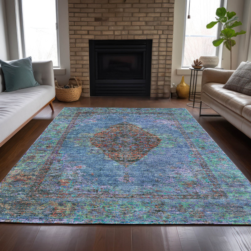 Tapis intérieur / extérieur bleu lavable à la machine Xhevrie, Rectangle 10 pi x 14 pi