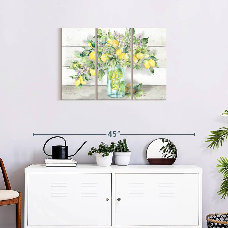 «Watercolor Lemons in Mason Jar Landscape», impression sur toile tendue 3 pièces, H 20 po x l 33 po