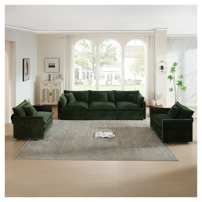 Ensemble de canapé modulaire 3 pièces en chenille vert 3 pièces, meubles de salon modernes 1 + 1 + 3 places avec chaises d'appoint