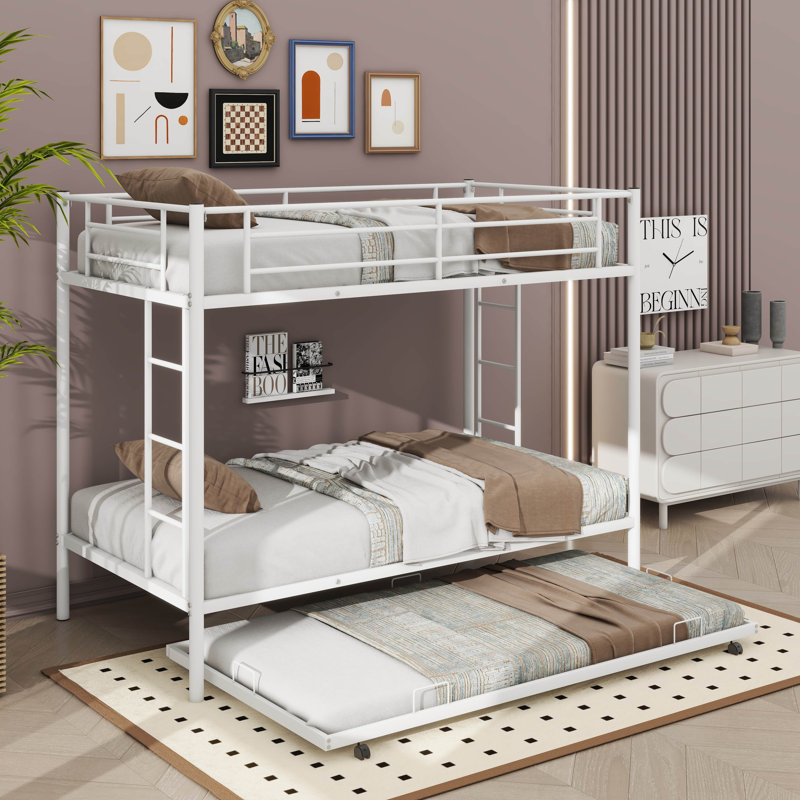 Twin Over Twin Metal Bunk Bed With Trundle, Metal Bed Frame With 2 Ladder And Guardrails, White