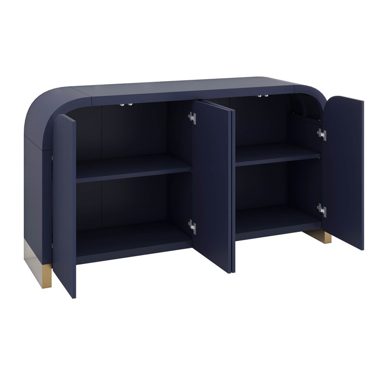 4-Door Curved Corner Modern Storage Cabinet With Wavy Wave-Textured Panels, Adjustable Shelves, Navy Blue